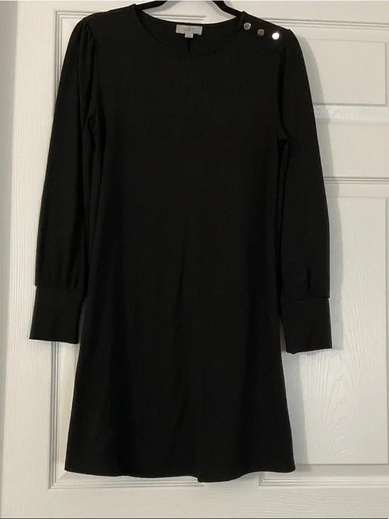 LOFT Black Long-Sleeve Shift Dress with Shoulder Buttons - Picture 1 of 4